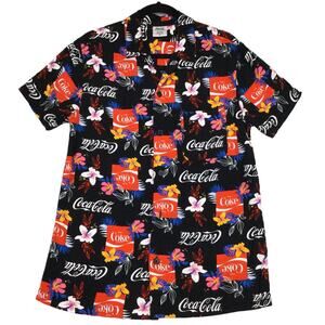 Coca Cola Men’s Floral Hawaiian Rayon Tropical Short Sleeve Button Down Shirt S